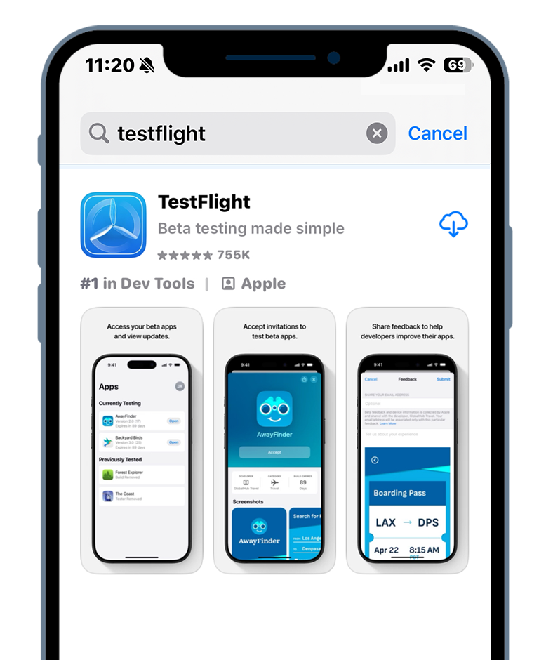The TestFlight app shown on the App Store on iPhone.
