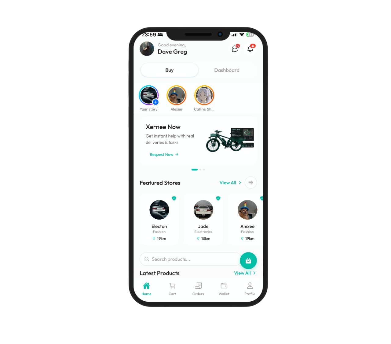 The Xernee app home screen, Featured Stores, Xernee Now and a buyer's wallet.