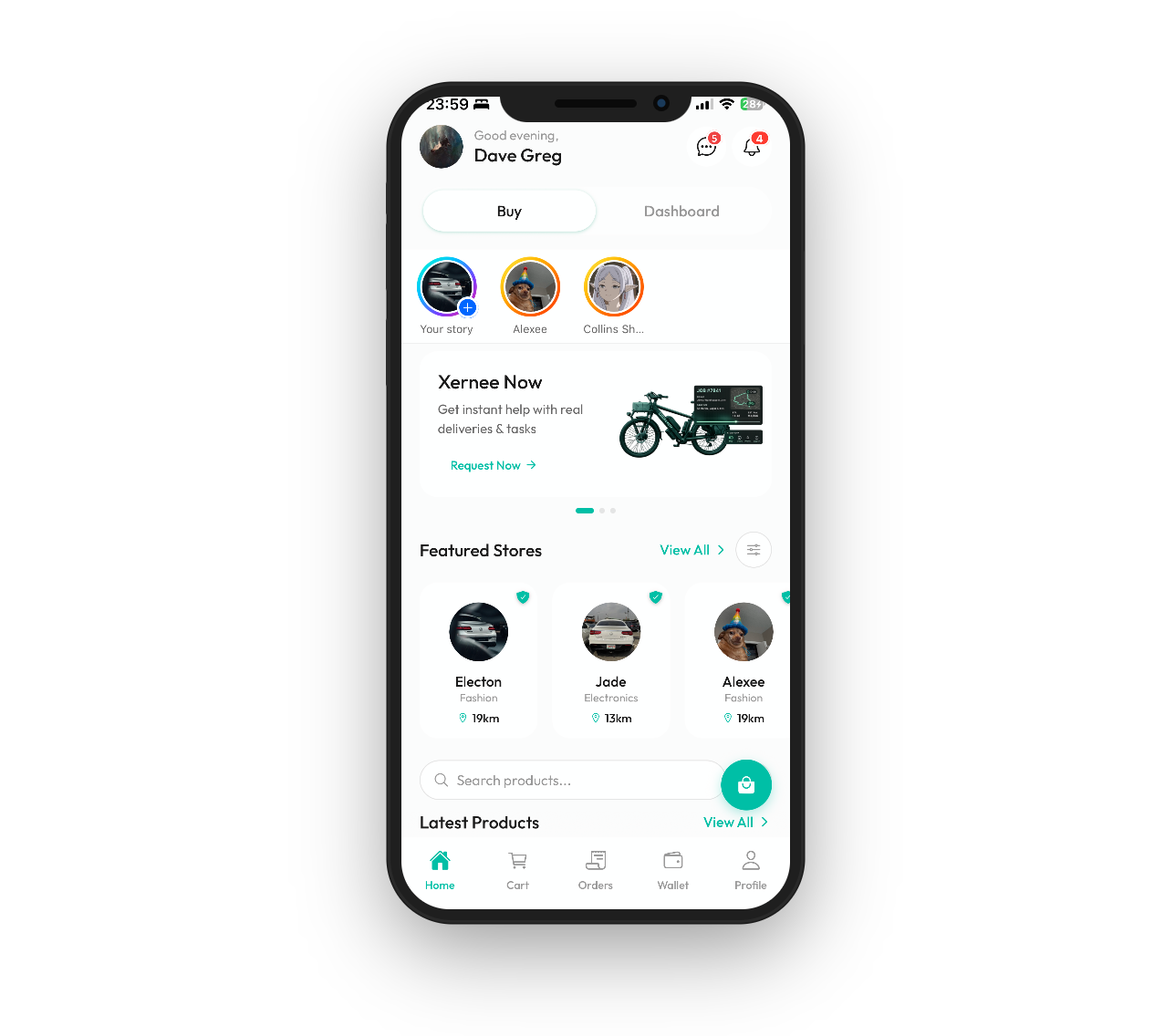 The Xernee app home screen — Featured Stores, Xernee Now and a buyer's wallet.